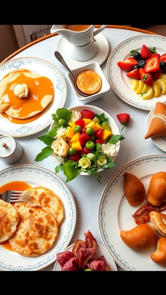 Delicious Brunch Spread Ideas A vibrant brunch spread with pancakes, fruit salad, frittata, bacon, and pastries on a decorated table.